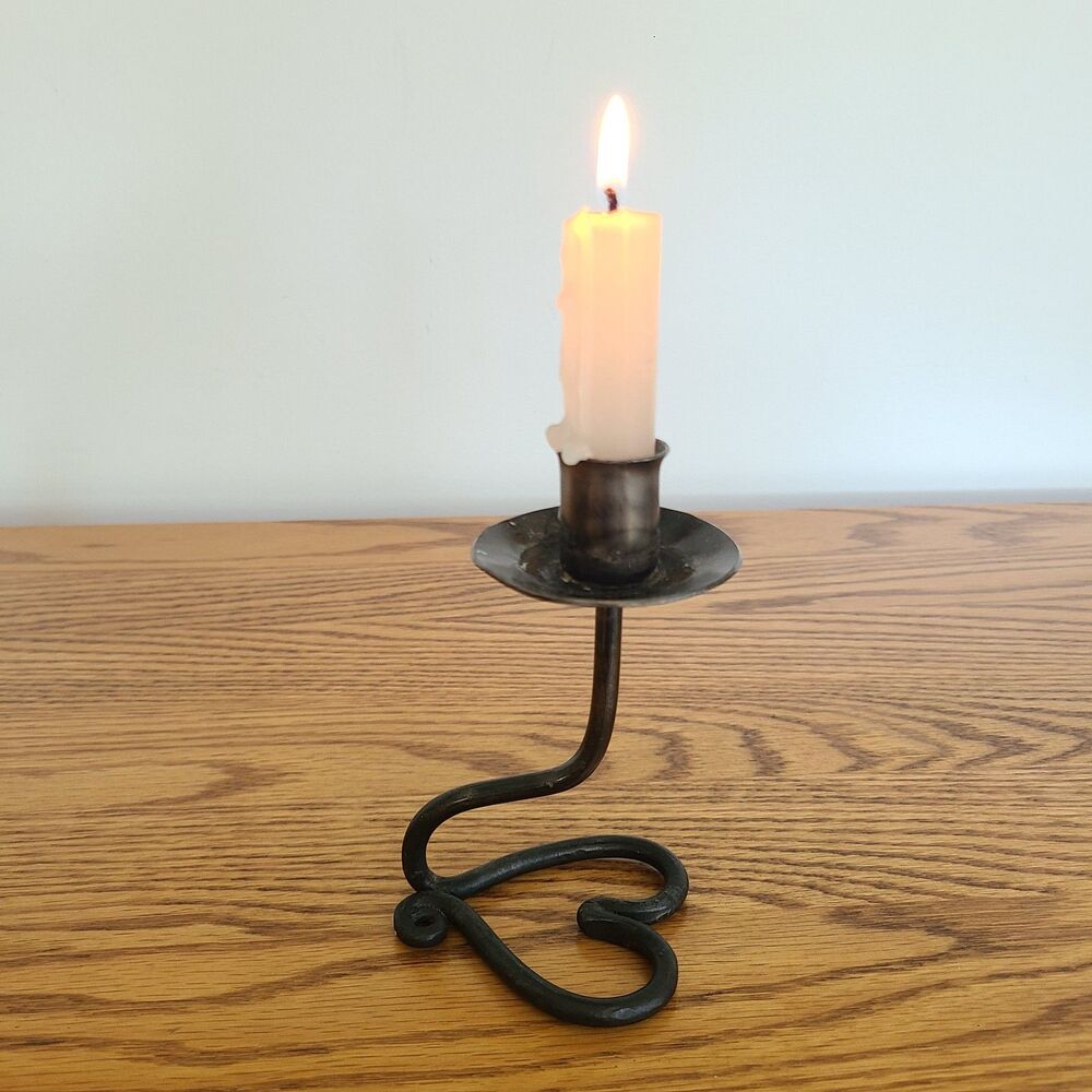 Vintage Wrought Iron Heart Base Taper Candle Holder HandForged Bronze Tone Metal
